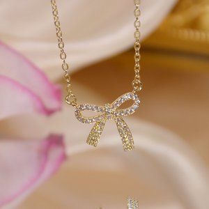 NEW 14K Gold Plated Diamond Bow Knot Necklace a